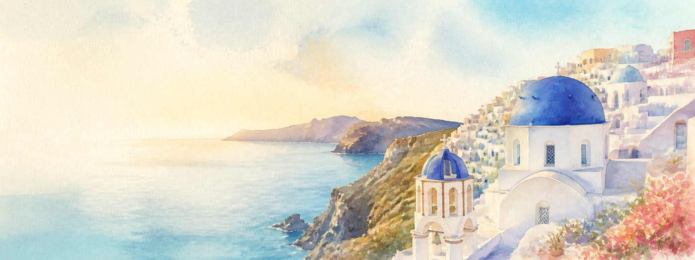Watercolor view of Santorini